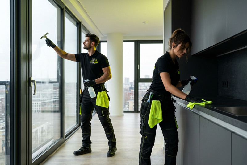 Medewerkers van Clean Patrol aan het werk: ramen zemen en een keukenblad reinigen