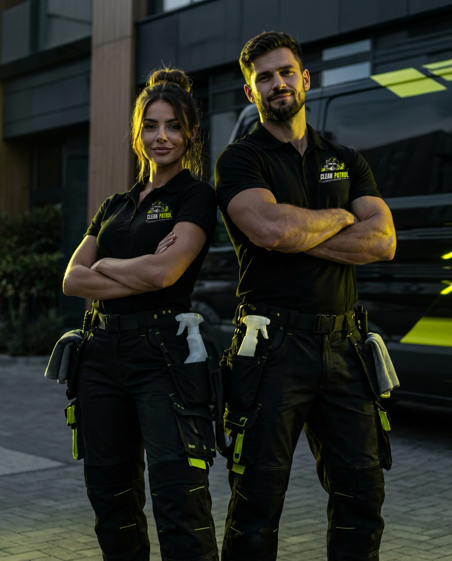 Twee medewerkers van Clean Patrol in zwarte werkkleding met limoengroene details