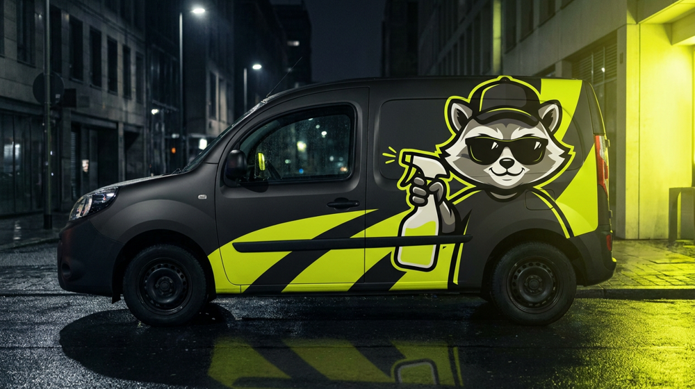 Zwarte Clean Patrol-bus met neongele striping in een donkere parkeergarage